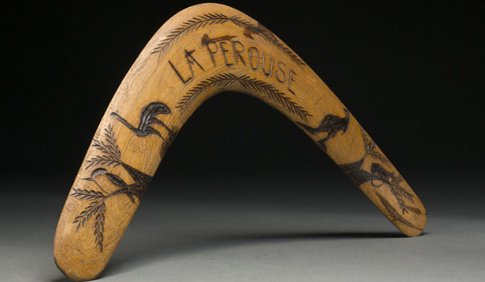 Light timber boomerang from La Perouse decorated with Indigenous animals