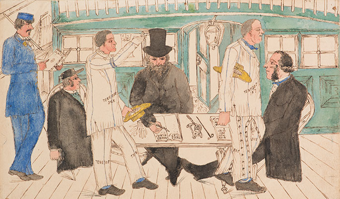 convicts walk past a desk, possibly on the deck of a ship, where men in frock coats sit