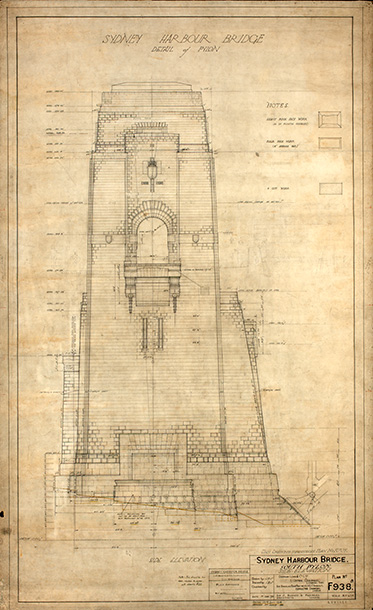 Detailed elevation plan showing a large tower with an archway in the middle at the level of the bridge’s deck.