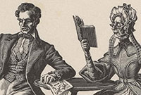 Quintus Servinton Engraving of Victorian era scene in which an older woman sits at a table reading a book to a younger man