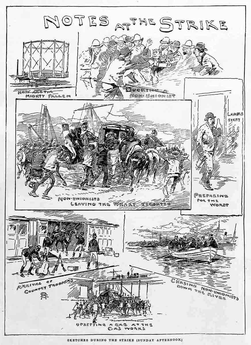Cartoon of the 1890 Maritime Strike titled 'Notes at the Strike'. - click to view larger image