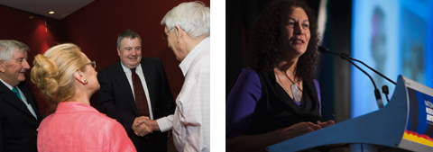 Two colour photographs, side by side. The left side photograph shows a woman and three men. Two of the men are shaking hands, at the right side of the photograph. The right side photograph shows a woman standing at a lectern.