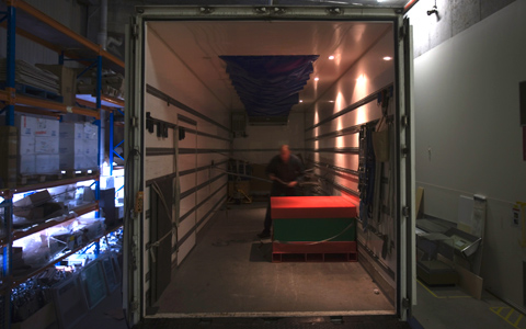 View of the inside of a container in which the objects for the gallery were shipped.