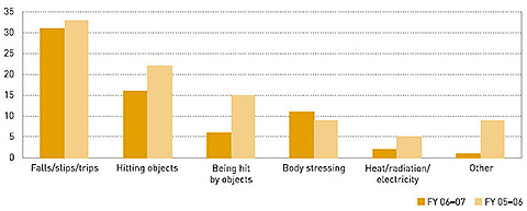 Comparative graph indicating causes of injury or dangerous occurences in 2005-06 and 2006-07.