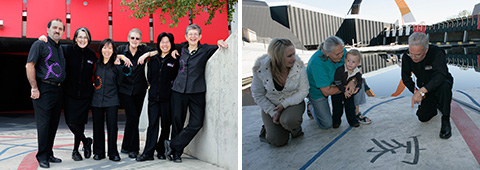 Image on left: A group shot of six visitor services hosts standing in the Garden of Australian Dreams. Image on right: Visitor services host with a family in the Garden of Australian Dreams.