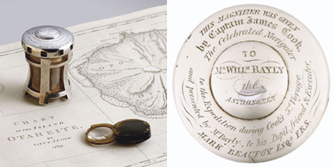 Silver capstan-style case with magnifier in tortoiseshell mount, alongside a detailed image of the inscription on top of the silver case.