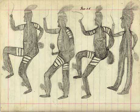 Page from notebook headed 'No.38' and depicting four male figures in costume dancing.