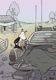 Cartoon of a sheep-dog offering coffee to his owner who is sleeping in the back of his ute.