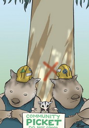 Cartoon of two wombats in hard hats and a possum forming a community picket under a gum tree marked to be cut down.