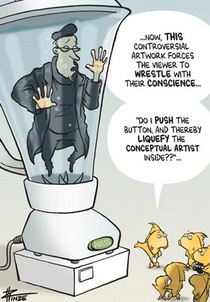 Cartoon of a fish giving a tour of an exhibition which includes a conceptual artist in a blender.