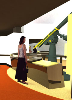 A woman stands looking at a large green telescope.
