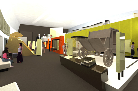 3D visualisation from the concept design showing visitors in a museum gallery, with a wooden mail coach in the foreground.