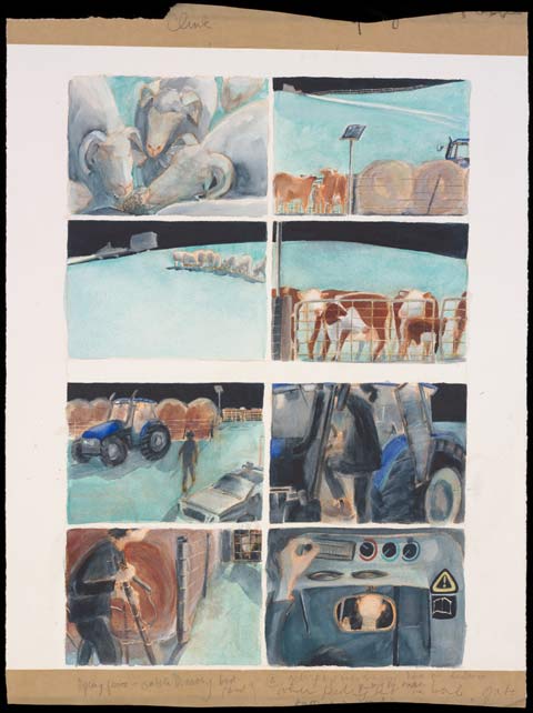 A painting, divided into eight panels, depicting sheep and cattle in a paddock, a woman fencing, and the interior and exterior of a tractor.