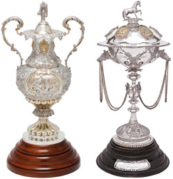 The Melbourne Cup trophy is mostly silver with two ornate handles and mounted on a wooden base. The Queen's Plate trophy has a horse on the top standing a rounded silver globe mounted on a long stem. Chains are draped from the globe.