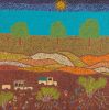 An acrylic painting on canvas showing a landscape with a sun and three trees above a scene of two vehicles and groups of people.