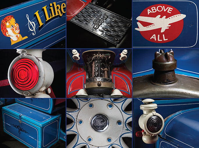 A compilation of images showing details from the Aeroplane Jelly truck including a Ford wheelhub, lanterns, engine and painted advertising slogans.