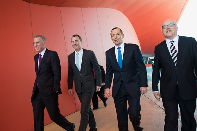 Daniel Gilbert AM, Dr Mathew Trinca, The Hon Tony Abbott MP, Prime Minister of Australia and Senator the Hon George Brandis QC, Attorney-General and Minister for the Arts, at the launch of the Defining Moments in Australian History project, 29 August 2014