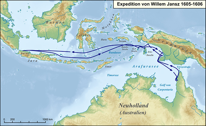 Map of northern Australia and the Indonesian archipelago showing the Duyfken’s route from Banda to Cape York and back.