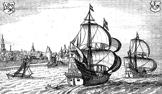 Two Dutch East Indiamen at sea with a walled town on their port side.