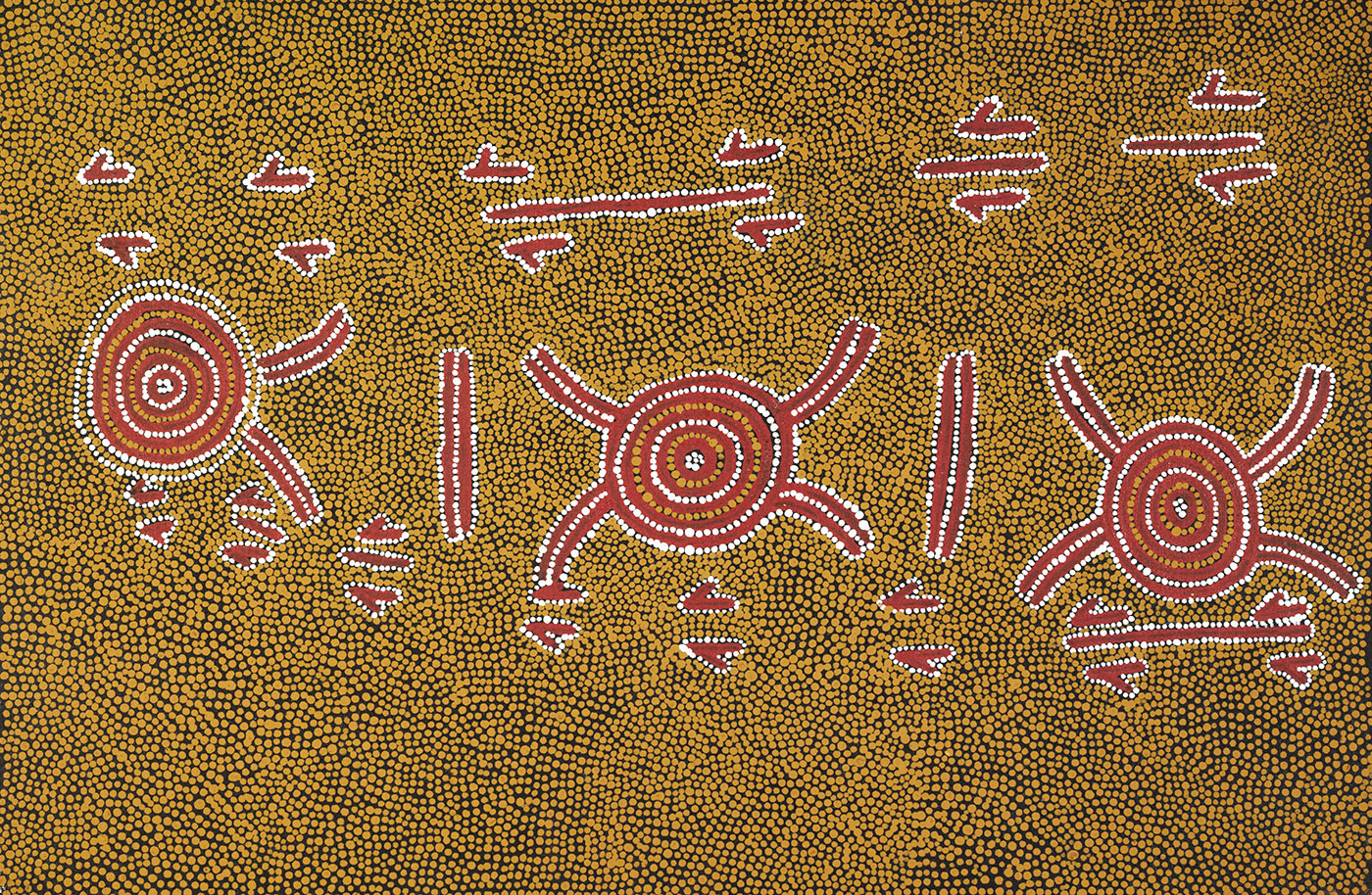 Travels of the Mala (Hare Wallaby) 1976 by Timmy Jugadai Tjungurrayi. - click to view larger image