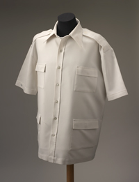 A white short-sleeved jacket style shirts with two pockets on either side
