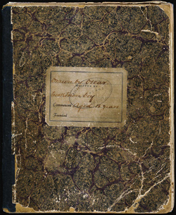 An exercise book with marbled paper on the front and the back covers, and a green fabric spine. A label attached to the front cover reads, Drawn by Oscar. Cooktown boy. Aged 18 years.