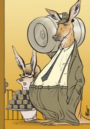 Cartoon of an elderly kangaroo couple having arrived at a party, the wife with a plate of lamingtons, the husband with a keg of beer.