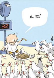 Cartoon of a child orderly giving chips to seagulls who are in a queue, having taken a ticket from a ticket machine.
