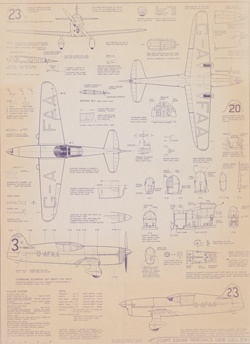 Copy of a technical drawing showing various elevation views, profiles and detailed features of 'Captain Edgar Percival's Mew Gull E3H' monoplane, registered 'GA-FAA'. Colour scheme details and data are listed bottom left.