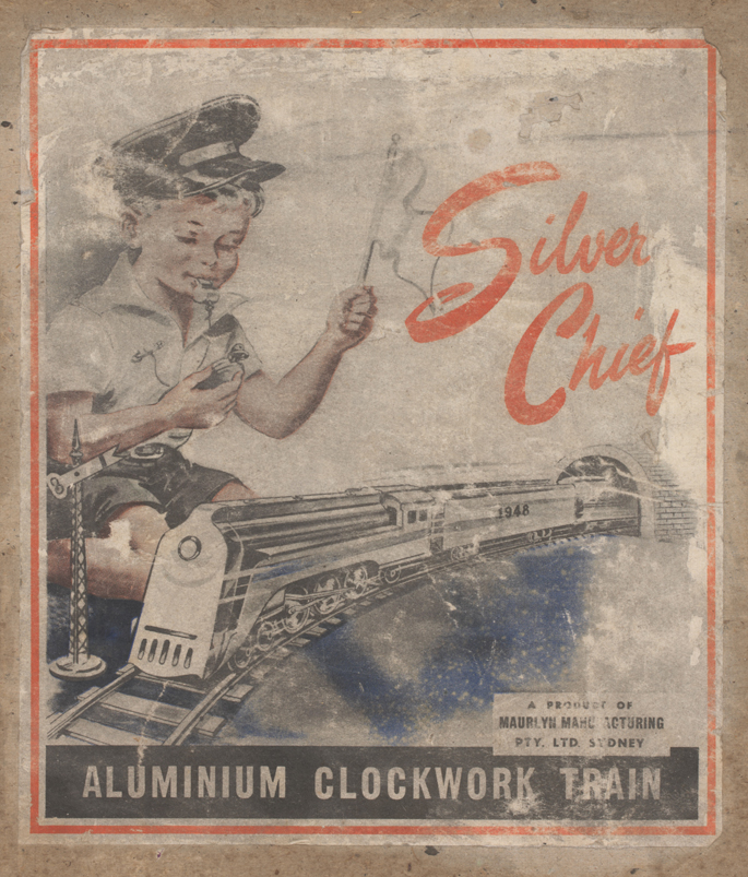 Box cover of New South Wales Railways ‘Silver Chief’ aluminium train set by Maurlyn Manufacturing Pty Ltd
