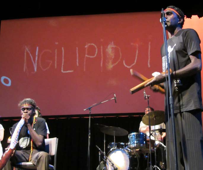 Daniel Wildred leading the Australian Art Orchestra in Melbourne, 2012, with David Wilfred (didjeridu) and Niko Schauble (drums)