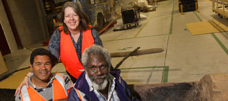 andy-greenslade-homepage.jpg Curator Andy Greenslade with Lockhart River mayor Wayne Butcher, elder Patrick Butcher and a canoe made by Patrick’s father, James Butcher in 1976. The canoe is on loan from the Museum of Anthropology at the University of Queensland.