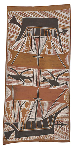 Bark painting depicting Makasar in boats