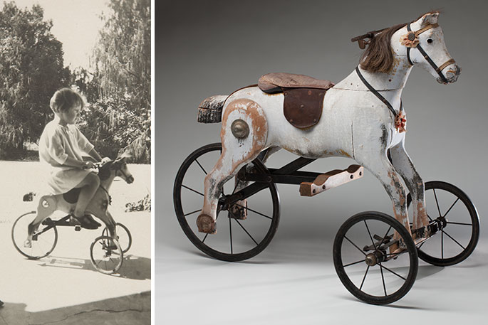 A 1920s horse tricycle and a photograph from 1926 of Susan Gibson riding it as a child.