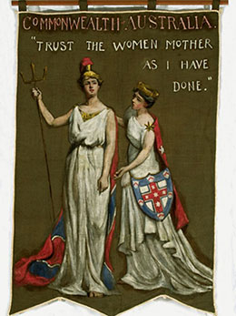 Poster depicting banner with illustration of two women representing Britain and Australia