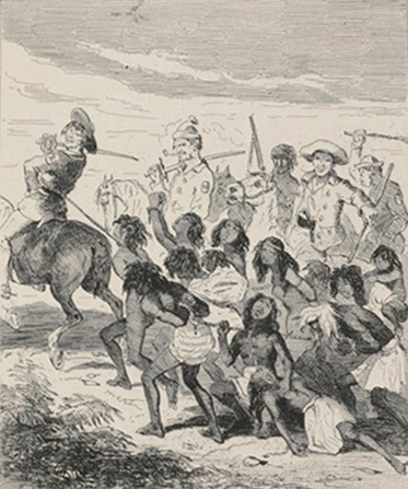 Australian Aborigines Slaughtered by Convicts, by Phiz, The Book of Remarkable Trials, 1840; Chronicles of Crime V. II, 1841