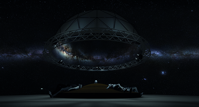 Graphic showing human figures lying on a central cushion and looking up into a large, dark dome.