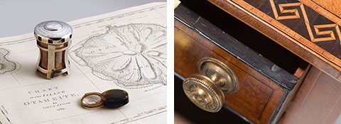 Image on left: Magnifier in silver capstan-style case on map. Image on right: Detail of a work table (top, drawer and handle) made from planks of beefwood.