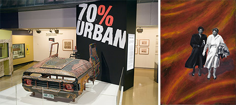Image on left: 70% Urban exhibition banner and jeep painted with Indigenous motifs. Image on right: Artwork by Helen Tiernan featuring two Indigenous women.