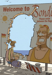 Cartoon of a mother & child staring through a hole that a tram left in a Bondi Beach sign when it left the tracks and 'shot through.'