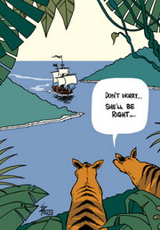 Cartoon of one Tasmanian tiger consoling another that the first fleet sailing into the harbour below is not a problem.