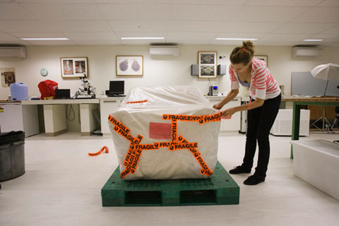 After a period of acclimatisation the chair is returned to the Objects Conservation Lab at 90 Vicars street and unwrapped.