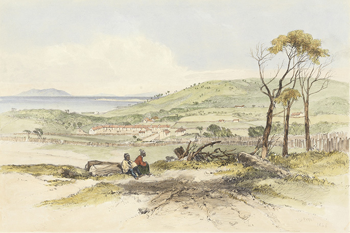 Residence of the Aborigines, Flinders Island, by John Skinner Prout, 1846.