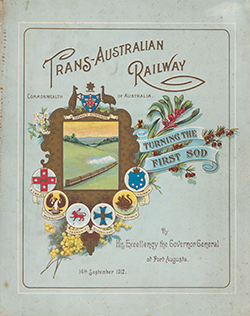 Colour, decorated program with drawing of a train steaming across green fields.