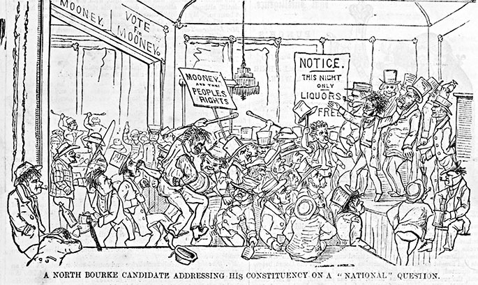 Cartoon depicting the interior of pub in which dozens of men are brawling before a group of men on a stage. The caption reads: ‘A North Bourke candidate addressing his constituency on a “national” question’.