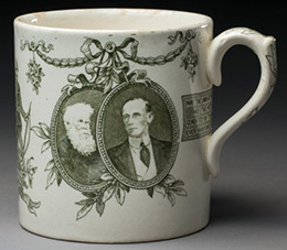 A commemorative Federation mug showing portraits of Sir Henry Parkes and the Governor-General, Lord Hopetoun