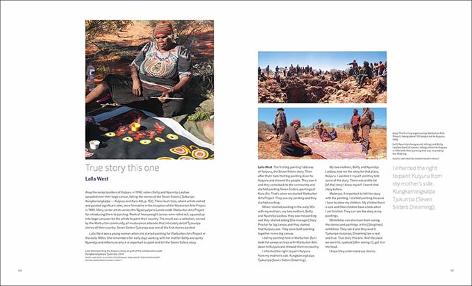 Songlines catalogue spread with text 'True story this one by Lalla West' and images of artists at work and a group visiting a desert site