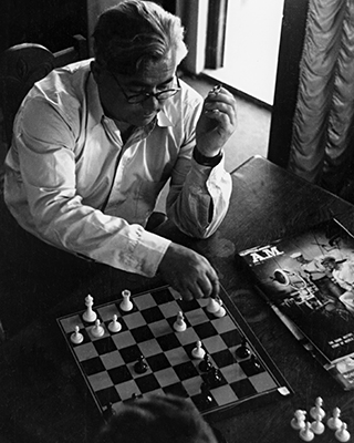 Man in shirt sleeves playing chess