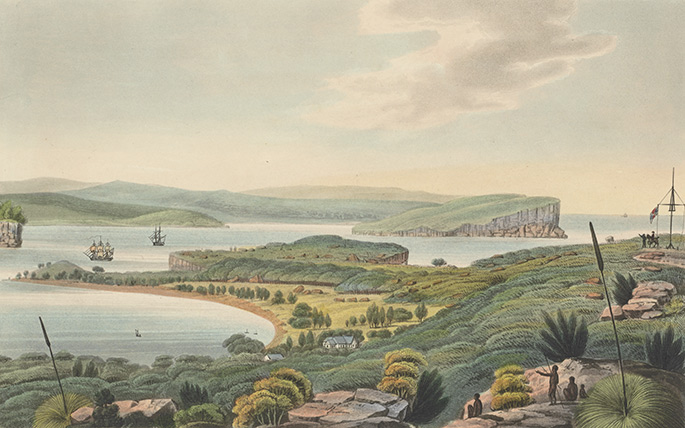 watercolour of a verdant and unspoiled South Head with North Head in the distance. Aboriginal people are standing in the foreground