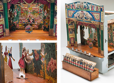 Late nineteenth-century toy theatre with hand-painted proscenium facade, showing a scene from Sleeping Beauty